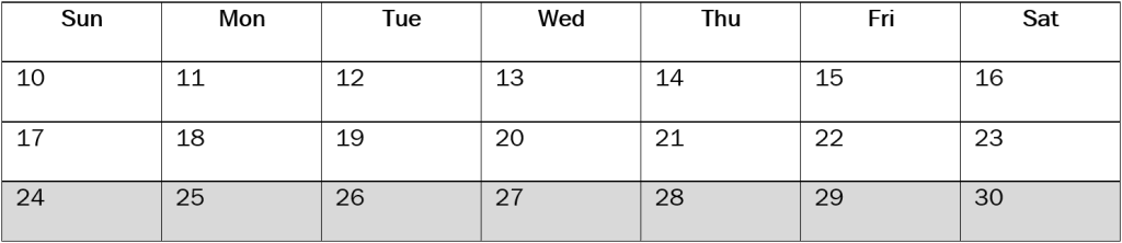Biweekly filing schedule example on a table calendar