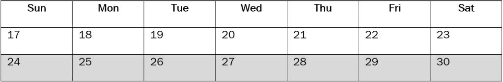 Weekly filing schedule example on a table calendar